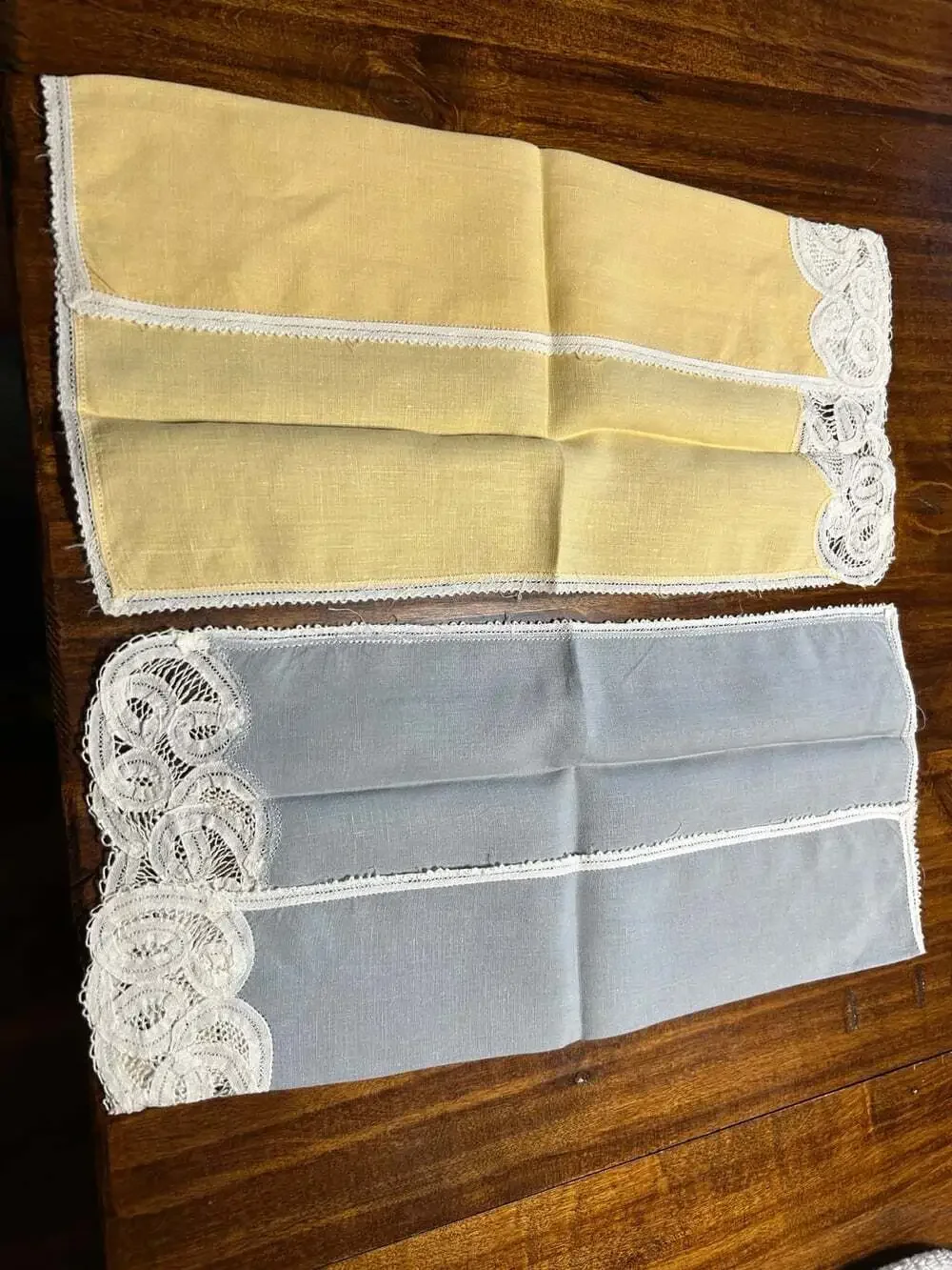 Vintage Linen Lace Pastel Blue and Yellow Handkerchiefs Grannycore